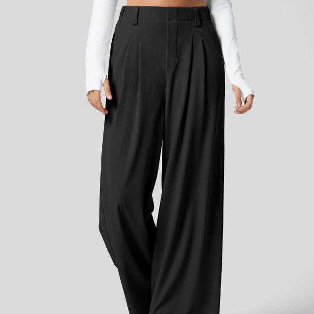 Halara High Waisted Side Pocket Wide Leg Waffle Work Pants - Black - Size L
